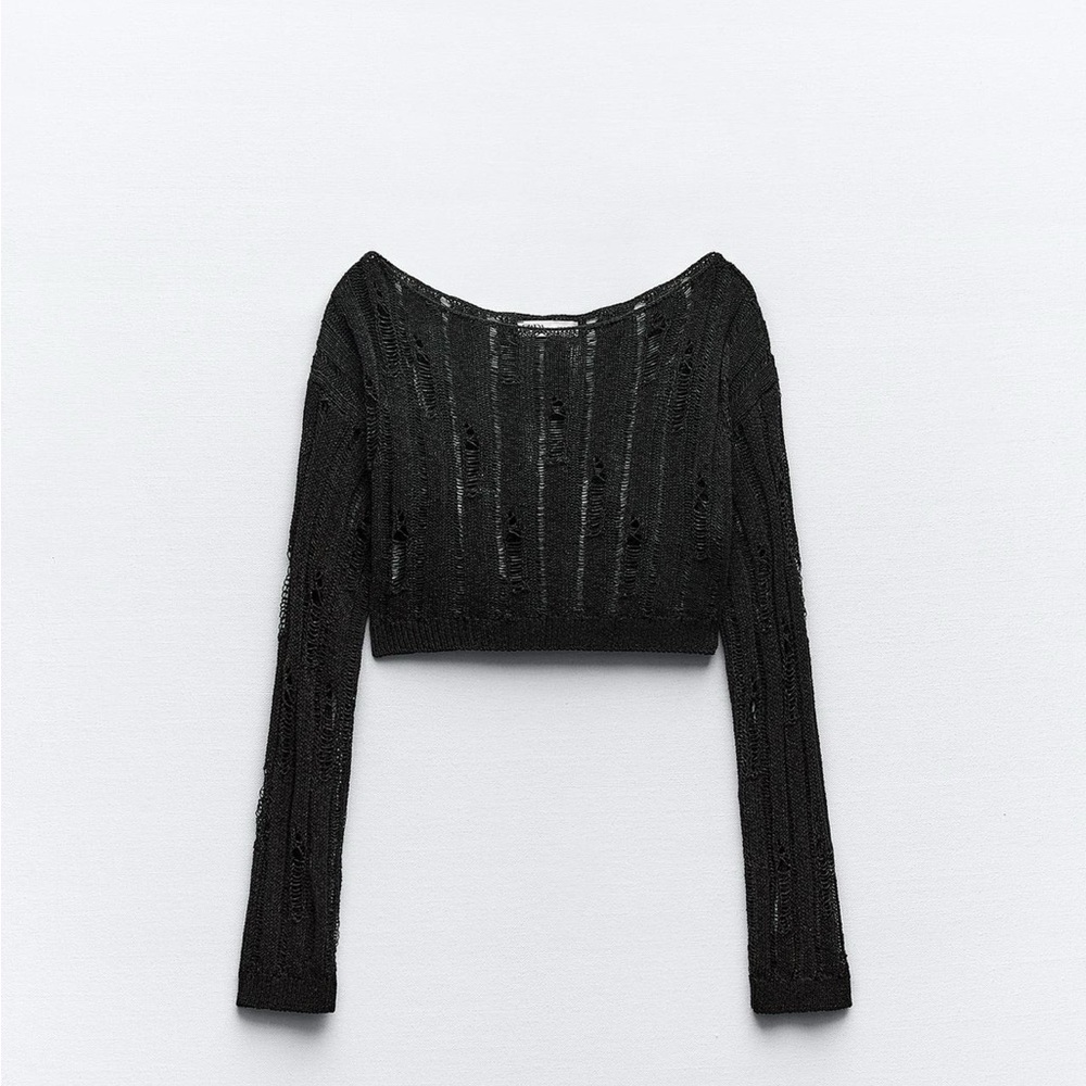 Black Open knit Long Sleeve Cropped Sweater